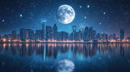 City skyline under a luminous full moon and starry night sky reflected in calm waters