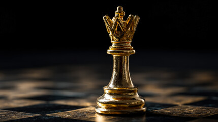 Elegant golden king chess piece on a chessboard with a dark background