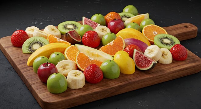 Assortment of fresh, colorful, sliced fruits arranged on a wooden cutting board. - Powered by Adobe