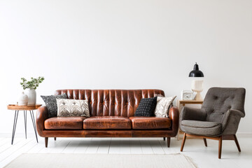 Modern living room with a stylish leather sofa, cozy armchair, and minimalist decor
