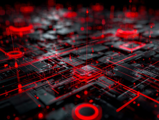 Futuristic digital cityscape with glowing red circuitry and vibrant technology grid