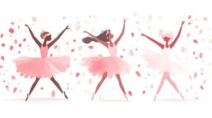 Cute ballerinas in pink and white dresses dance on a white background. Great for posters, cards, and flyers. A simple cartoon illustration.
