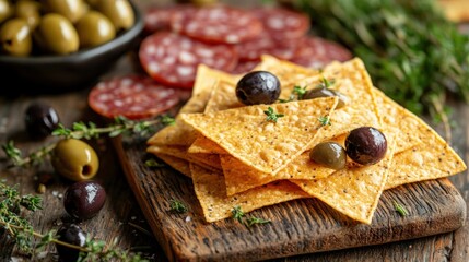 Delicious assortment of crispy crackers, cured meats, and olives on a rustic wooden serving board