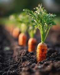 Carrots growing in fertile soil on a sunny day