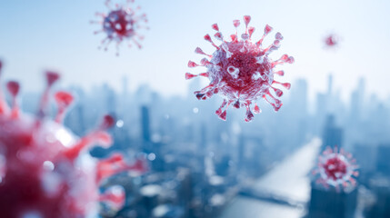 Close-up of virus particles over a city skyline background