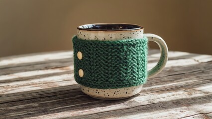 Speckled ceramic mug with green knitted cozy on rustic wooden table