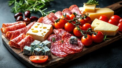 Assorted cured meats, cheeses, and fresh vegetables on a rustic platter