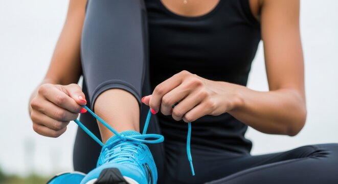 Young caucasian female tying blue sneakers during outdoor workout