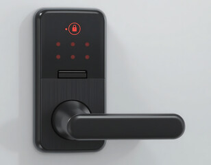 A close up of a black digital door lock with a handle and red lights on a white wall surface view