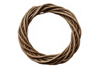 Circular frame created with intertwined thin brown twine, perfect for rustic and natural designs, isolated on a transparent background