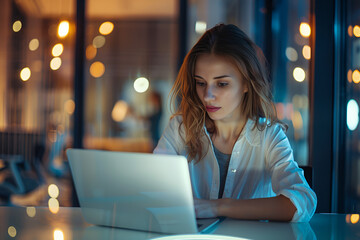 Kobieta pracująca nocą przy laptopie w nowoczesnym biurze z miękkim światłem