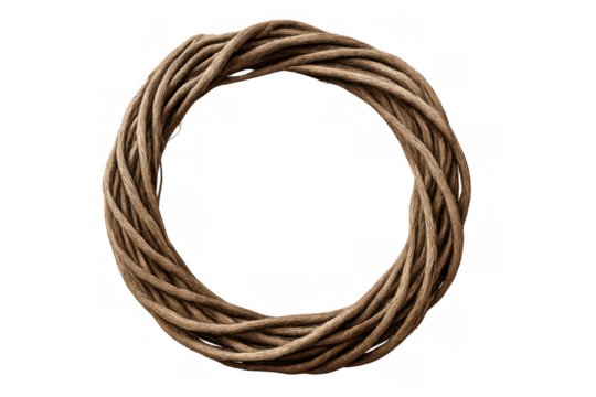 Circular frame created with intertwined thin brown twine, perfect for rustic and natural designs, isolated on a transparent background
