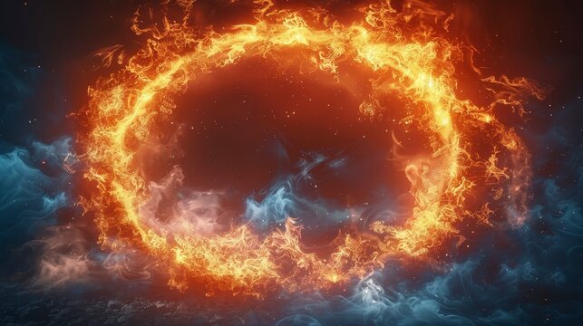 Ring of fire, glowing orange & yellow, swirls against cloud-like blues & reds. Mystical - Powered by Adobe