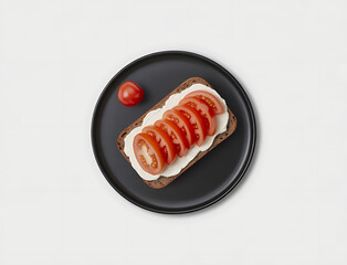 Delicious open faced sandwich with cream cheese and sliced tomatoes on dark bread