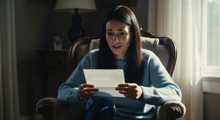 Naklejka premium Young caucasian woman reading emotional letter in cozy living room setting