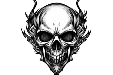 . Graphic black and white drawing of a skull. Hand drawn subject