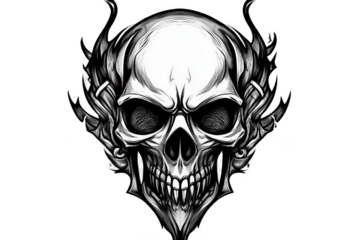 . Graphic black and white drawing of a skull. Hand drawn subject