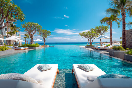 close up view two white sunbeds at luxury sommer resort