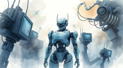 Robotic figures amid ethereal mist