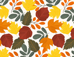 Seamless pattern with hand-drawn vector leaves in autumn colors. Includes red, yellow, orange, green, brown tones. Flat texture. Ideal for fabric, wrapping paper, fall decor, cards, and packaging.