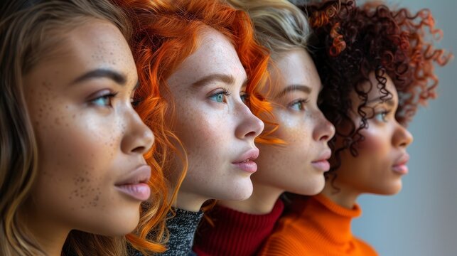 Four diverse women with different hair stand in profile, looking right, against a soft backdrop