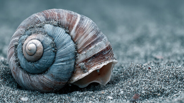 A shell is laying on the sand, with a blue and brown spiral pattern