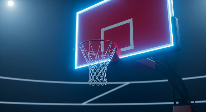 Close-up of basketball hoop with neon blue light, red backboard, and white net, set against a dark court background, showcasing a sporty, energetic atmosphere, ideal for sports themes