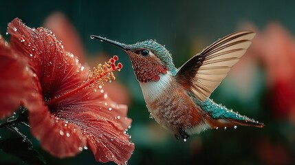 Naklejka premium A hummingbird hovers near a red flower, its wings glistening with water droplets
