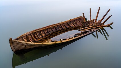 Explore the wreckage of a wooden boat in calm water reflecting the sky and boat design
