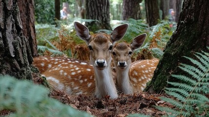  A pair of deer grazing in a lush forest under bright sunlight
