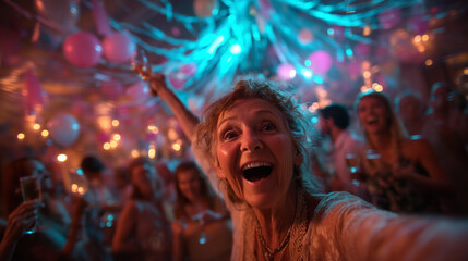 Elderly woman smiling and celebrating New Year at festive party