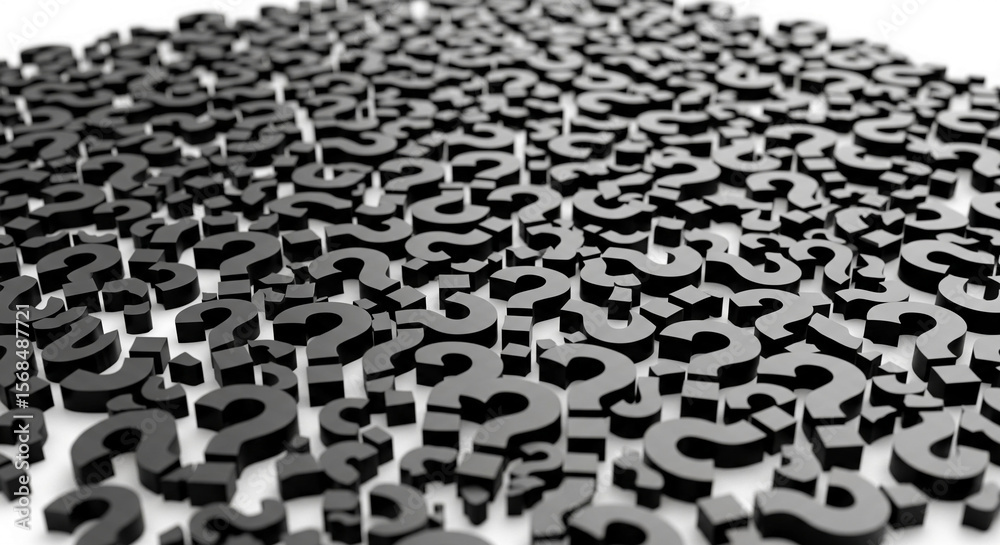 Poster Many dark-gray question marks scattered on white background, creating a dense texture symbolizing uncertainty, inquiry, or problem-solving