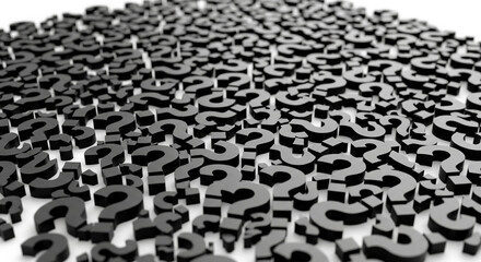 Obraz premium Many dark-gray question marks scattered on white background, creating a dense texture symbolizing uncertainty, inquiry, or problem-solving