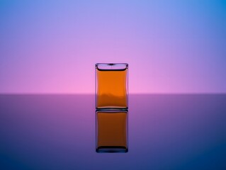 Square glass with amber liquid on reflective surface against gradient background art