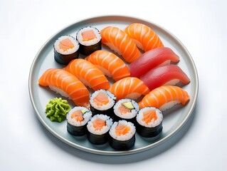 Delicious sushi platter with salmon nigiri, tuna nigiri, and salmon avocado rolls meal