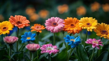 Vibrant gerbera daisies bloom in a row, various colors against a blurred green and orange background