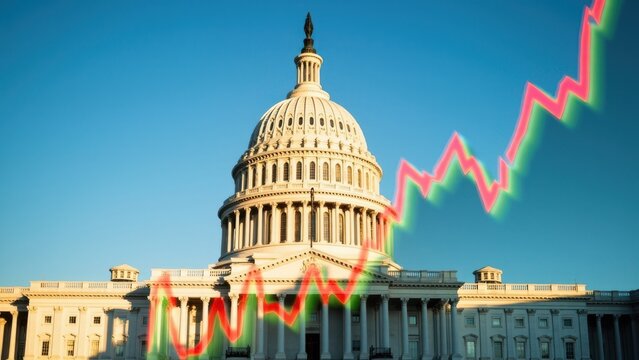 The United States Capitol building under a clear blue sky with overlaid red and green financial stock market charts, indicating economic trends. Concept of government and economic performance