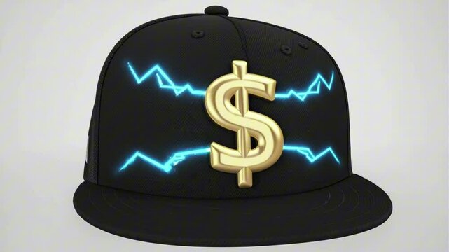 A snapback hat with a golden $ logo, comic lightning bolts, fashion rotation