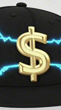 vertical 9:16 A snapback hat with a golden $ logo, comic lightning bolts, fashion rotation