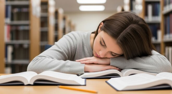 Young caucasian female student asleep in library surrounded by books