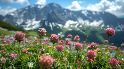 Meadow of clover with mountains in the background on a sunny day