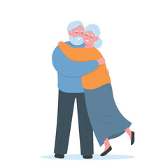 An elderly couple is happy, enjoying life. Old people hug, love each other. Vector graphics.