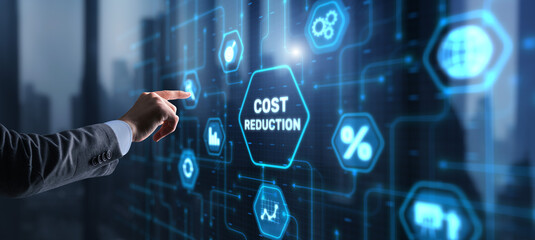 Cost reduction business finance concept. Businessman clicks virtual screen