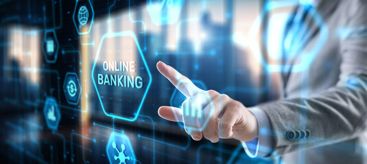 Banking Online Internet Payment Technology. Businessman presses a button Banking
