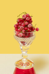 Red currants in a glass on a yellow background. Vibrant food photography. Still life