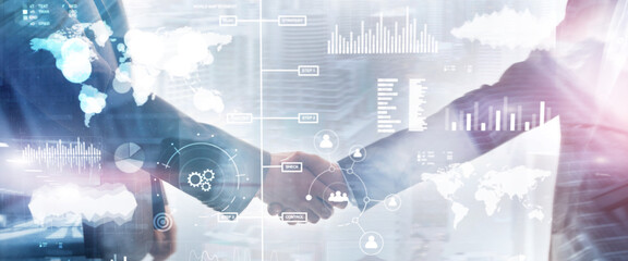 Business dashboard with key performance indicators on a virtual screen city interface