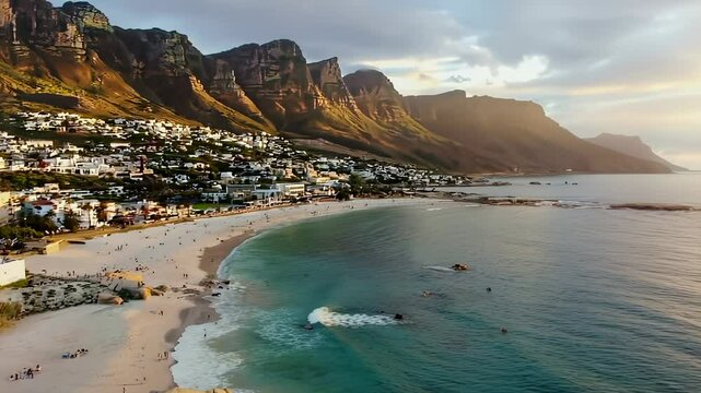 Scenic aerial view of Camps Bay beach, Cape Town, South Africa at sunset