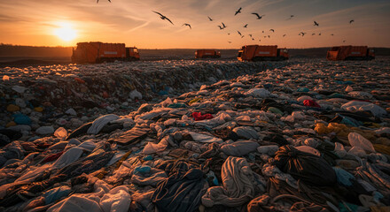 Vast landfill at sunset, garbage bags and waste illuminated by warm light, depicting environmental pollution and waste management challenges