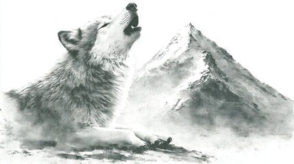 Obraz premium A grayscale illustration portrays a wolf gazing upward with a mountain range behind it