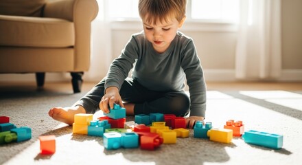 Young caucasian child playing with colorful building blocks on carpeted floor